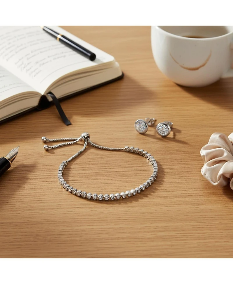 Bling Jewelry Adjustable Round Bezel Cubic Zirconia Tennis Bolo Bracelet & 7mm Solitaire Cz Stud Earrings Jewelry Set