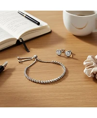 Bling Jewelry Adjustable Round Bezel Cubic Zirconia Tennis Bolo Bracelet & 7mm Solitaire Cz Stud Earrings Jewelry Set