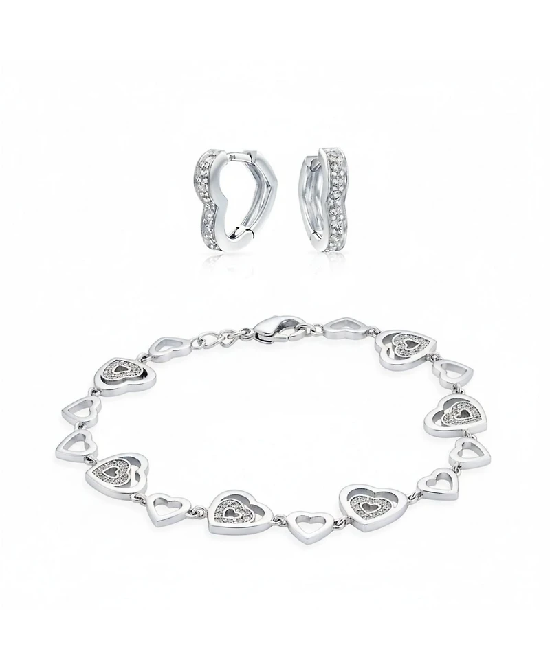 Bling Jewelry Romantic Cubic Zirconia Cz Heart Bracelet and Huggie Hoop Earrings Jewelry Set