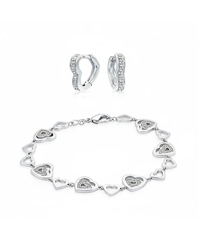 Bling Jewelry Romantic Cubic Zirconia Cz Heart Bracelet and Huggie Hoop Earrings Jewelry Set