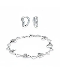 Bling Jewelry Romantic Cubic Zirconia Cz Heart Bracelet and Huggie Hoop Earrings Jewelry Set