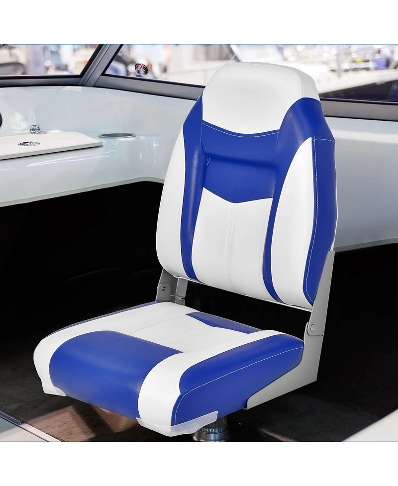 Sugift High Back Folding Boat Seat with Blue White Sponge Cushion and Flexible Hinges