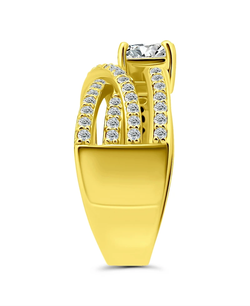 Cubic Zirconia Intertwined Band with Cushion Prong Center Ring Silver Plate