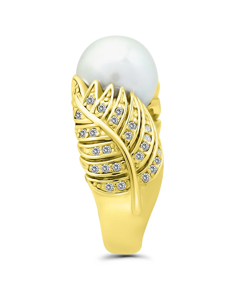 Imitation Pearl and Multi Row Pave Cubic Zirconia Ring Silver Plate