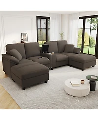 Streamdale Furniture Modern U-shaped Corduroy Sofa with Storage, Cup Holders & Usb Ports, Black