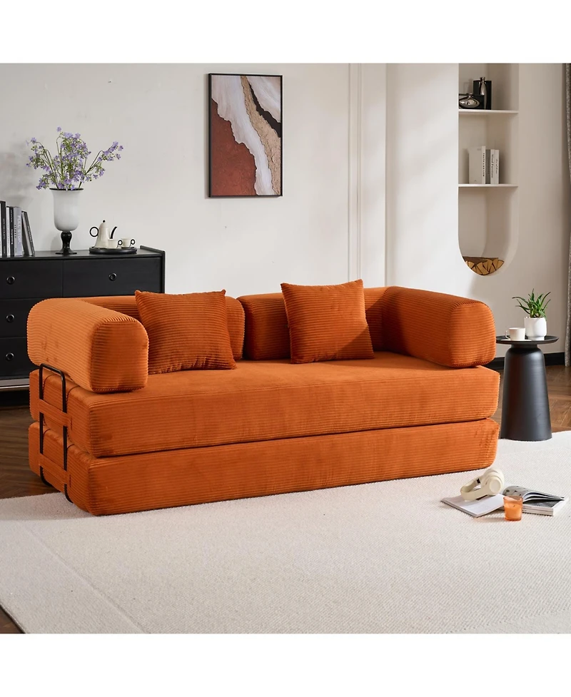 Streamdale Furniture Streamdale Orange Corduroy Convertible Sleeper Sofa Bed with Pillow