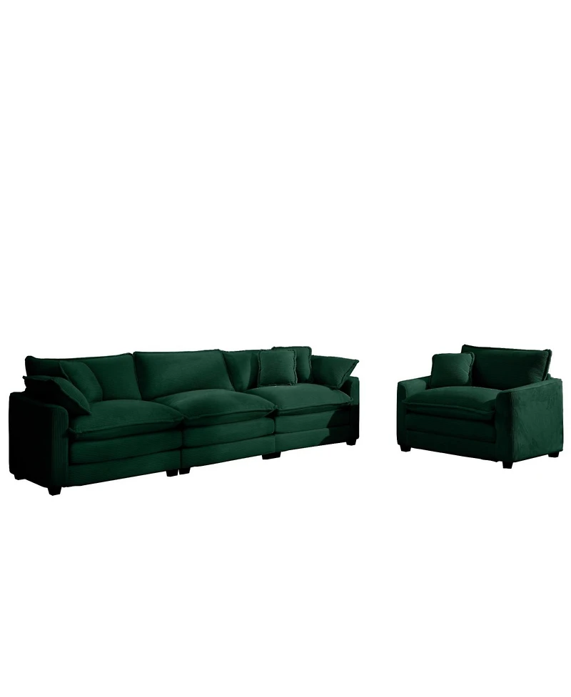 Streamdale Mid-Century Modern Green Corduroy Sectional Set - 3 Seater & 1 Single Seater