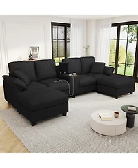 Streamdale Furniture Modern U-shaped Corduroy Sofa with Storage, Cup Holders & Usb Ports, Black