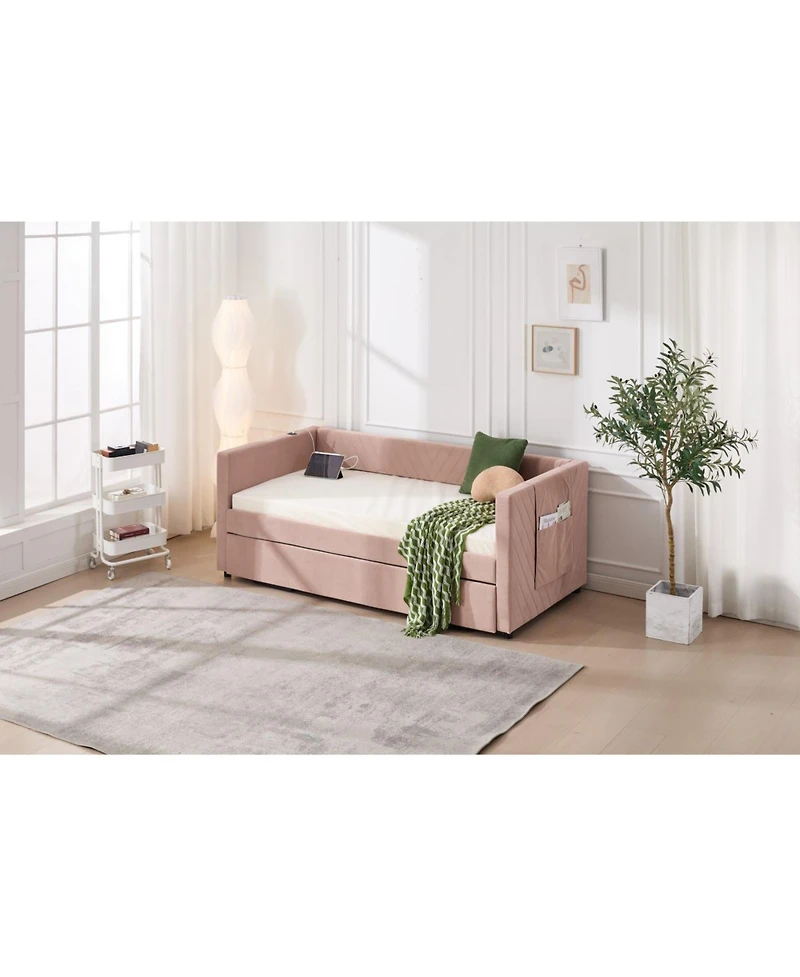 Streamdale Twin Upholstered Daybed with Trundle, Usb, Pockets (Pink, Twin)