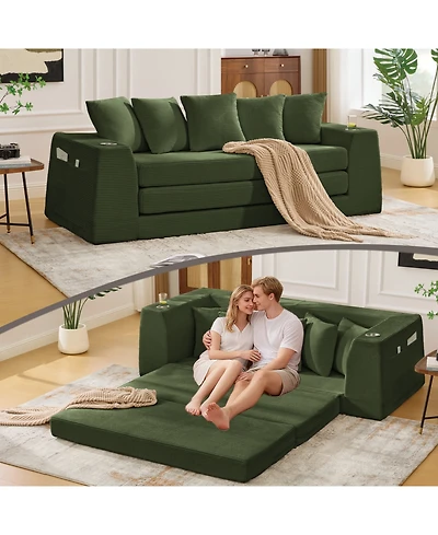 Streamdale Furniture Corduroy Convertible Sofa Bed Loveseat Sleeper with 5 Pillows, Green
