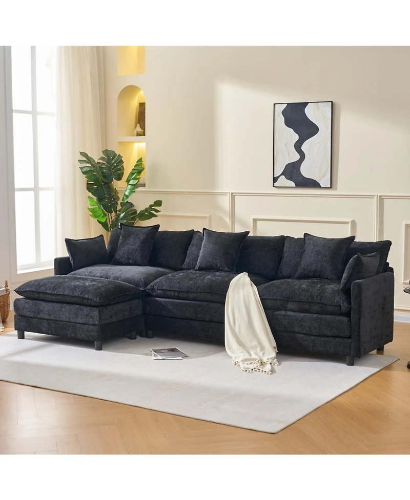 Streamdale Modern L-Shaped Cloud Couch with Ottoman - 4-Seat Chenille Sofa