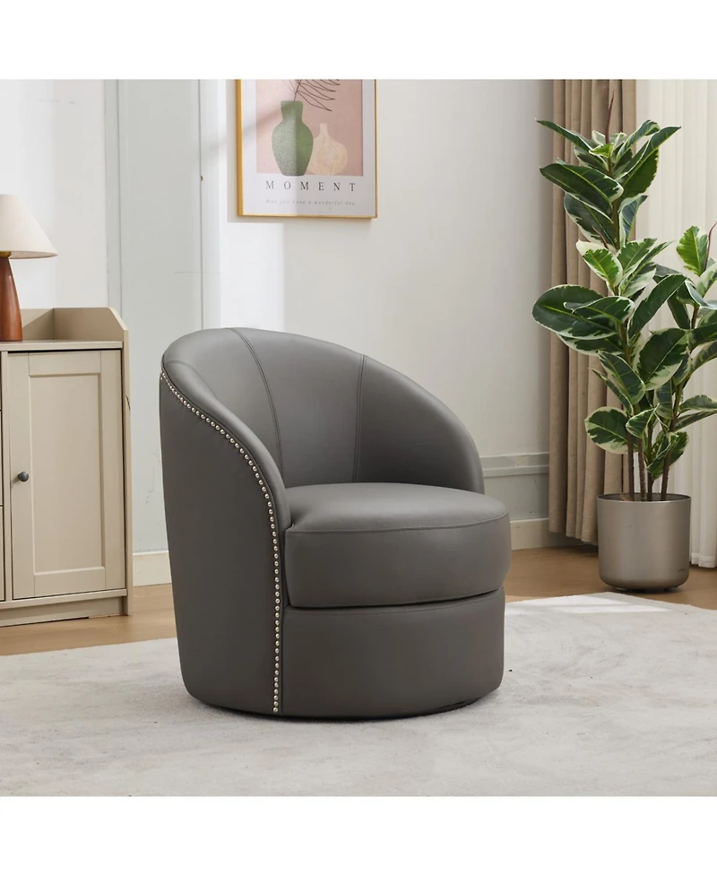 Streamdale Gray Leather Swivel Chair, Mid-Century Modern Lounge Chair