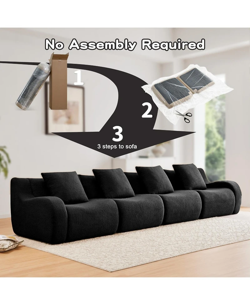 Streamdale Furniture Streamdale 4-Seat Boneless Sofa, Teddy Fabric, No Assembly, Curved Armrest, Black