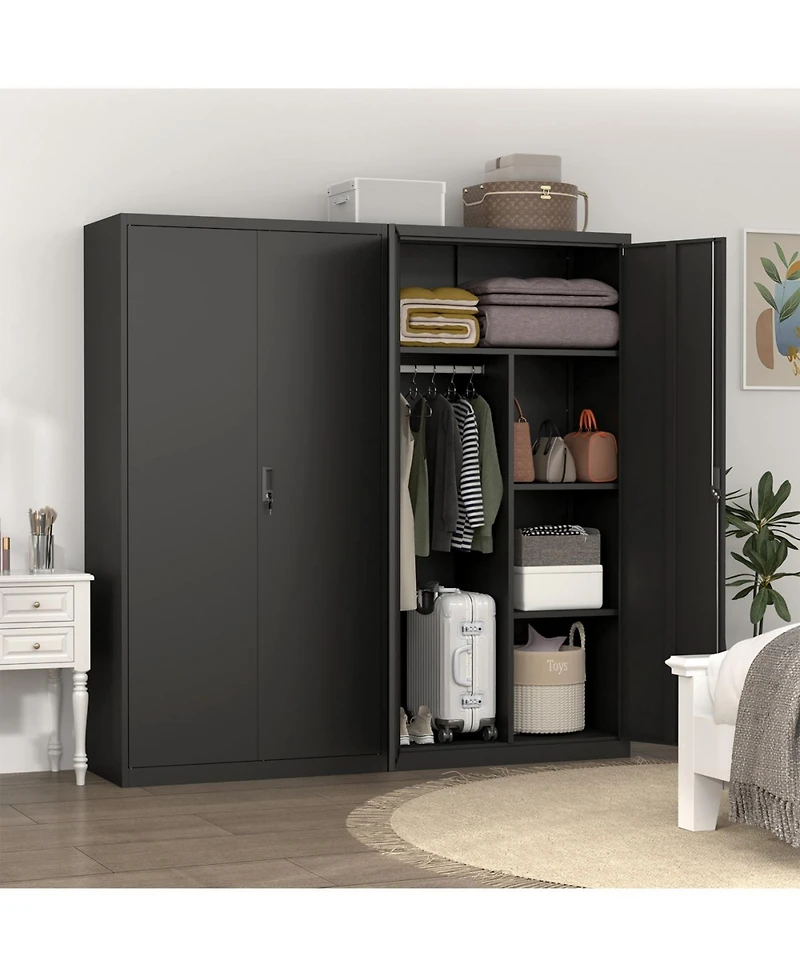 Streamdale Black Metal Large Wardrobe with Hanging Rod & Compartments, Lockable Closet