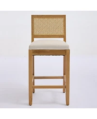 Streamdale Solid Wood Rattan-Inspired Bar Stool with Linen Cushion