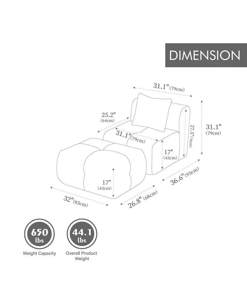 Streamdale Modular Cloud Armless Chair with Ottoman Set, Modern Deep Seat Single Sofa Lounger with Footstool, Charcoal