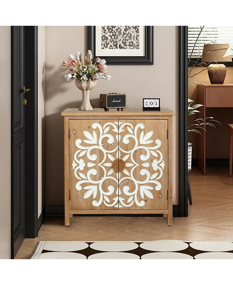 Streamdale Rustic Wooden Accent Cabinet with Floral Carved Doors