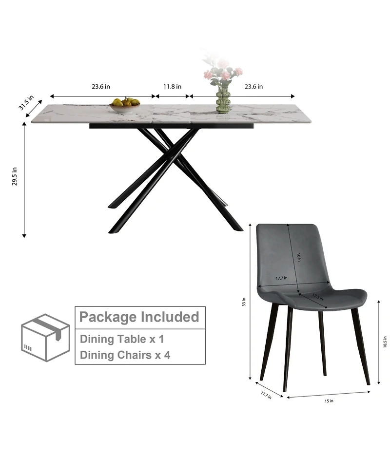 Streamdale Furniture59" Modern Expandable Dining Table w/Retractable Leaf, Charred Stone & Black Base