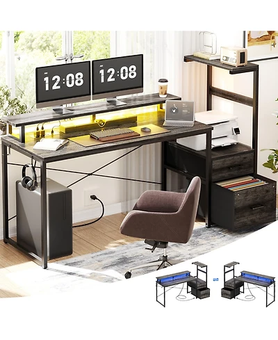 Aheaplus Gaming Desk with Outlets and Led Light, 59'' Reversible Computer File Drawers & Monitor Stand
