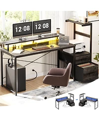 Aheaplus Gaming Desk with Outlets and Led Light, 59'' Reversible Computer File Drawers & Monitor Stand