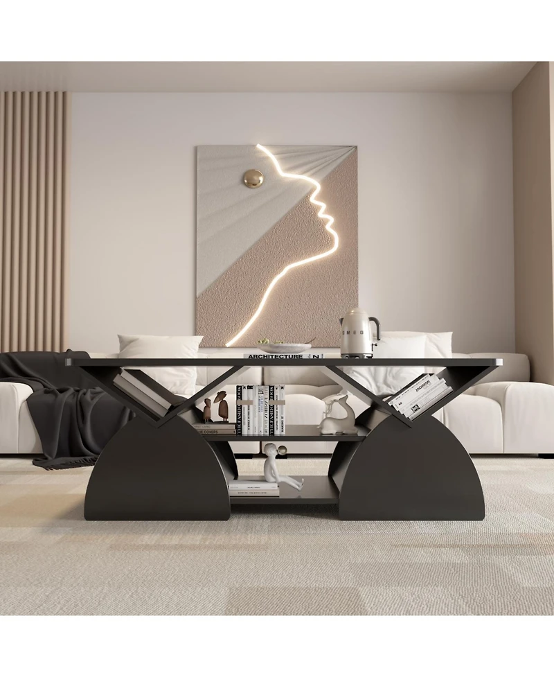 Streamdale Engineered Wood Rounded Corner Rectangular Coffee Table with Open Shelves - Black