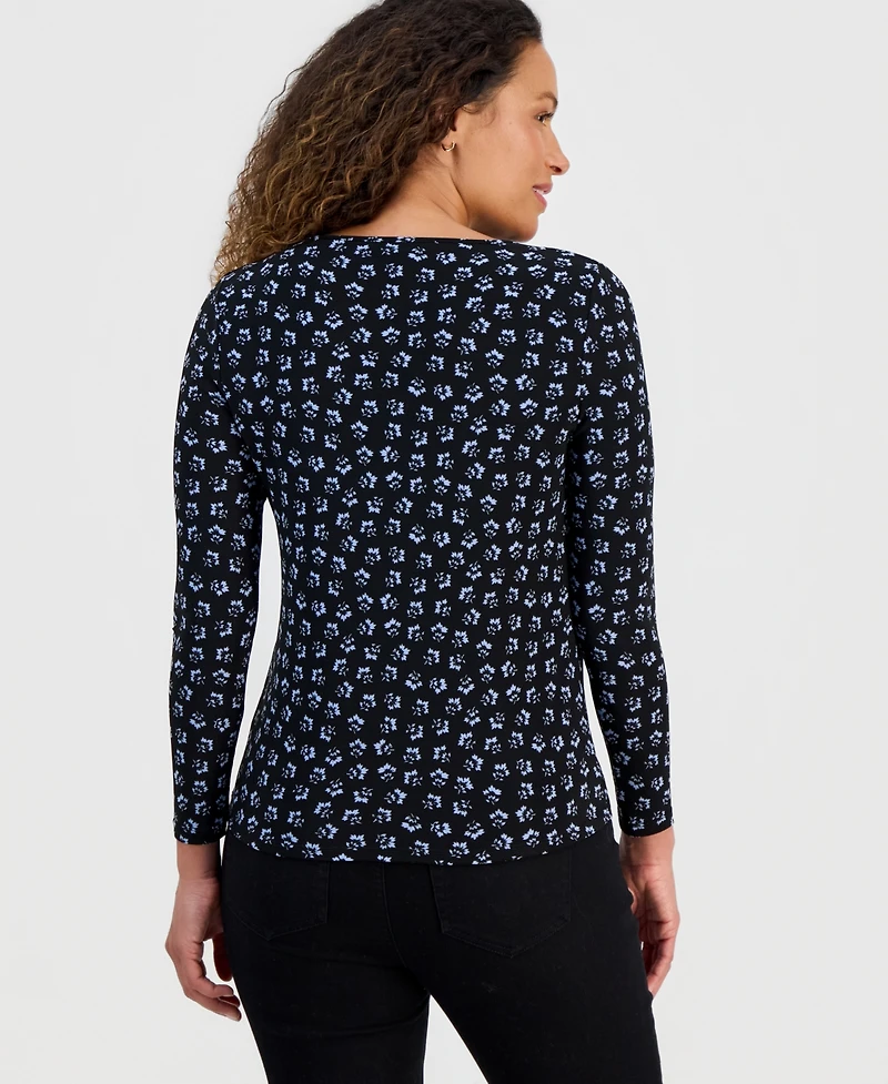 Jones New York Petite Long-Sleeve Printed Keyhole Top
