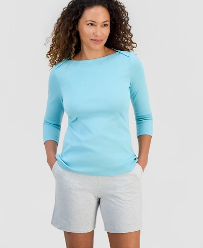 Style & Co Women's Petite Pima Cotton 3/4-Sleeve Boat-Neck Top, Created for Macy's