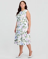 Kasper Plus Floral-Print Box-Pleat Midi Dress