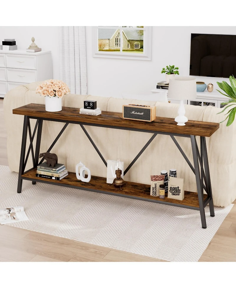 Streamdale 70.9" Extra Long Sofa Table with 2-Tier Storage Shelves, Rustic Brown/Black