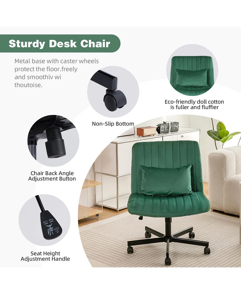 Streamdale Furniture Velvet Criss Cross Armless Office Chair with Wheels