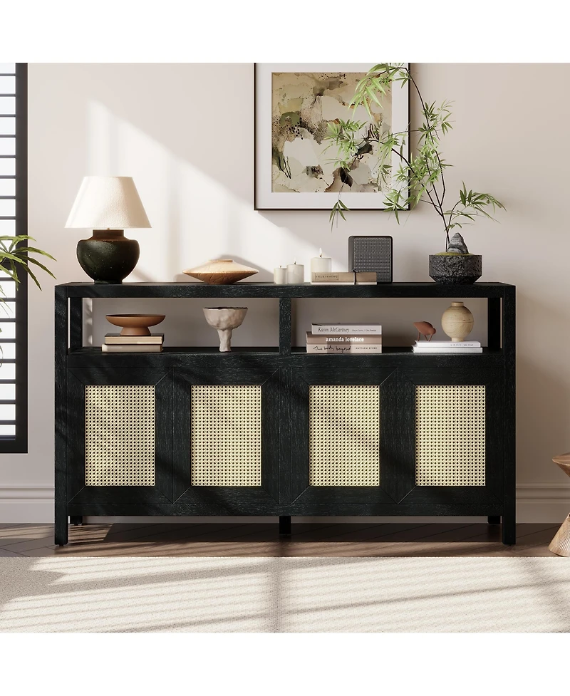 Casainc Trexm Bohemian Rattan Buffet Cabinet with Solid Wood Frame 3-Position Shelves and Push-to-Open Design