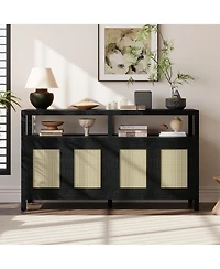 Casainc Trexm Bohemian Rattan Buffet Cabinet with Solid Wood Frame 3-Position Shelves and Push-to-Open Design