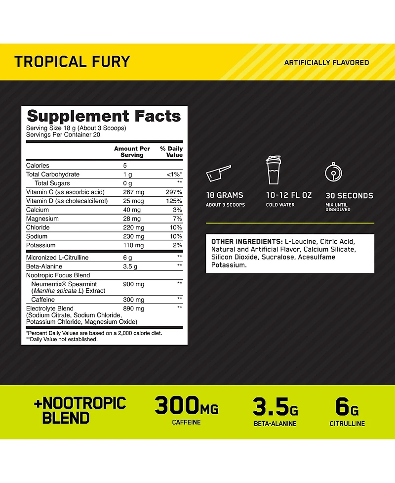 Optimum Nutrition, Pre-Workout Amped Powder, Tropical Fury, High Stim, Sugar-Free, Caffeine, 20 Servings