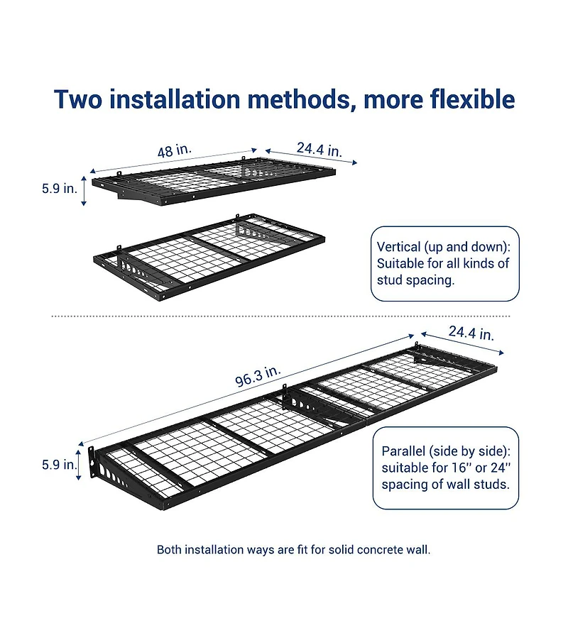 Fleximounts BR24B-e 24″ Deep × 48″ Wide Heavy-Duty Wall Shelf with Brackets (Black) 2-Pack