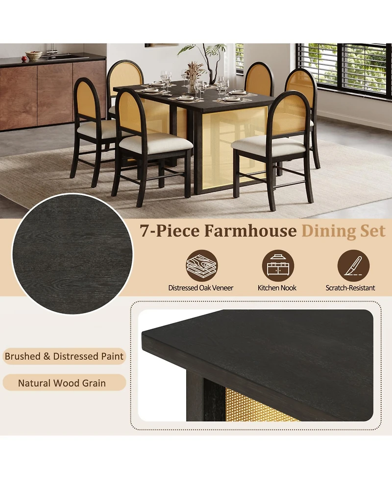 Streamdale Furniture 7-Piece Farmhouse Dining Set for 6 - 59.8" Distressed Oak Table & 6 Rattan Chairs