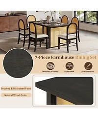 Streamdale Furniture 7-Piece Farmhouse Dining Set for 6 - 59.8" Distressed Oak Table & 6 Rattan Chairs