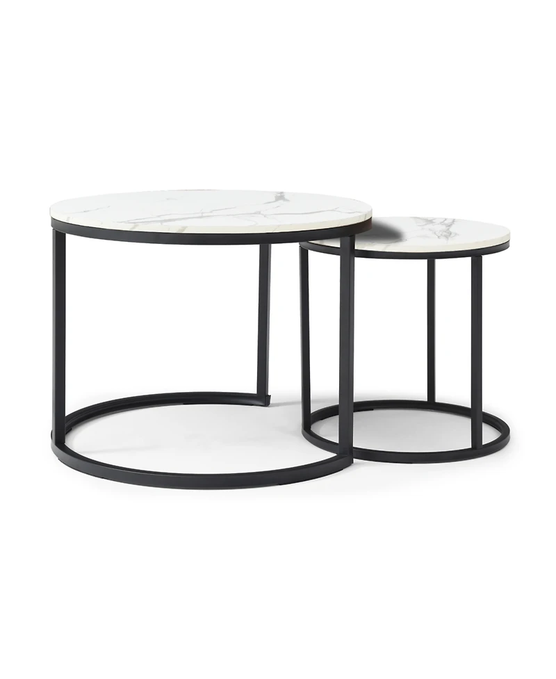 Streamdale Furniture Set of 2 White/Gray Marble Pattern Nesting Coffee Tables with Black Frame