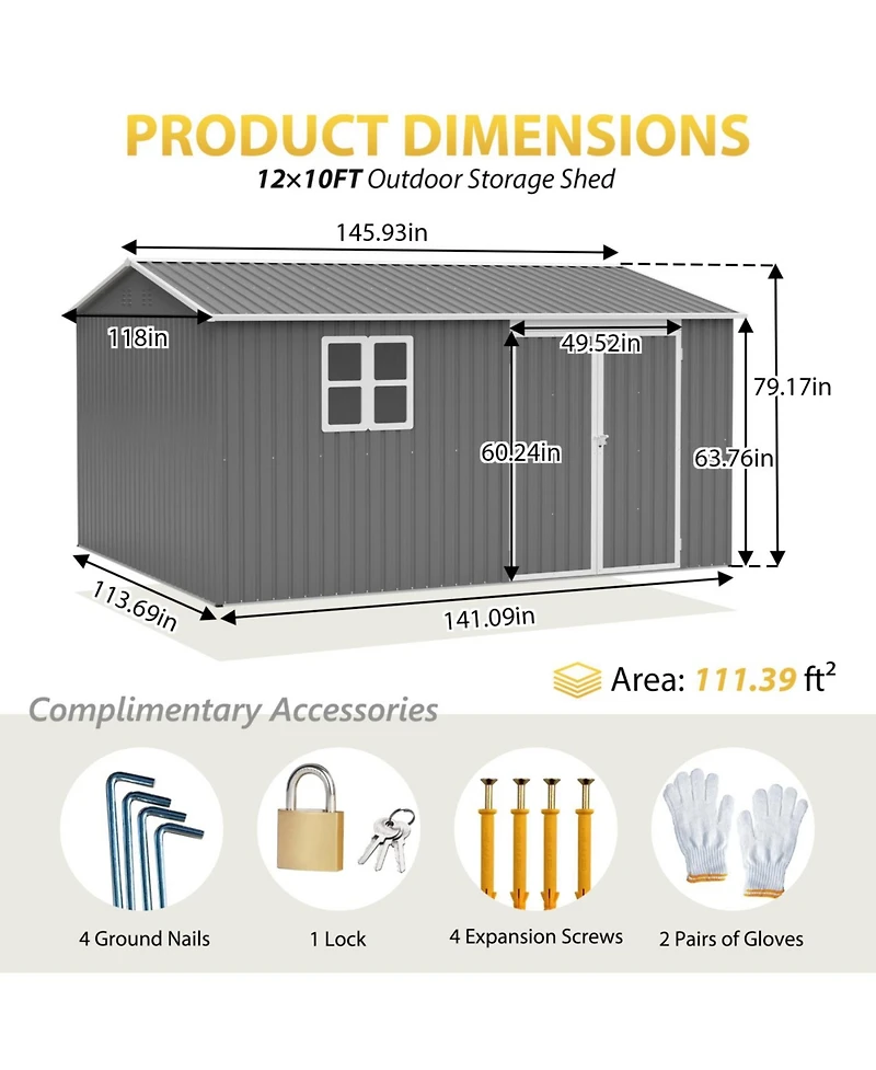Streamdale Furniture 12x10 Ft Outdoor Storage Shed Metal, Large Garden Tool Sheds with Lockable Doors, Grey