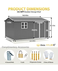 Streamdale Furniture 12x10 Ft Outdoor Storage Shed Metal, Large Garden Tool Sheds with Lockable Doors, Grey