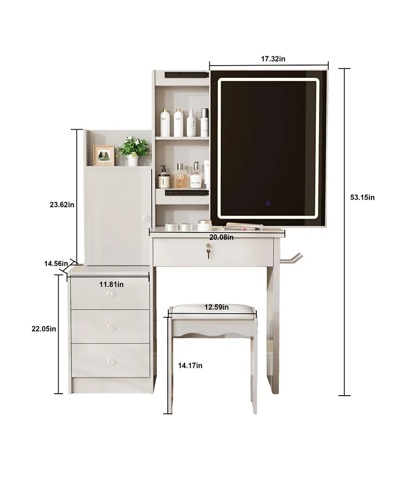 Streamdale Furniture Vanity Desk Set with Lighted Mirror, 4 Drawers, 9 Storage Spaces & Stool, White