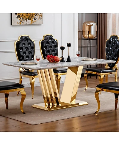 Streamdale Furniture Marble Dining Table for 6, 70" Rectangle Faux Marble w/Mirrored Stainless Steel Base (Gold, Grey)