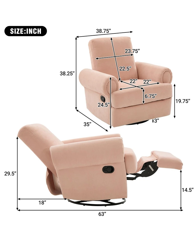 Streamdale Furniture Manual Recliner Sofa Swivel Rocker Chair with Adjustable Backrest, Sky Blue