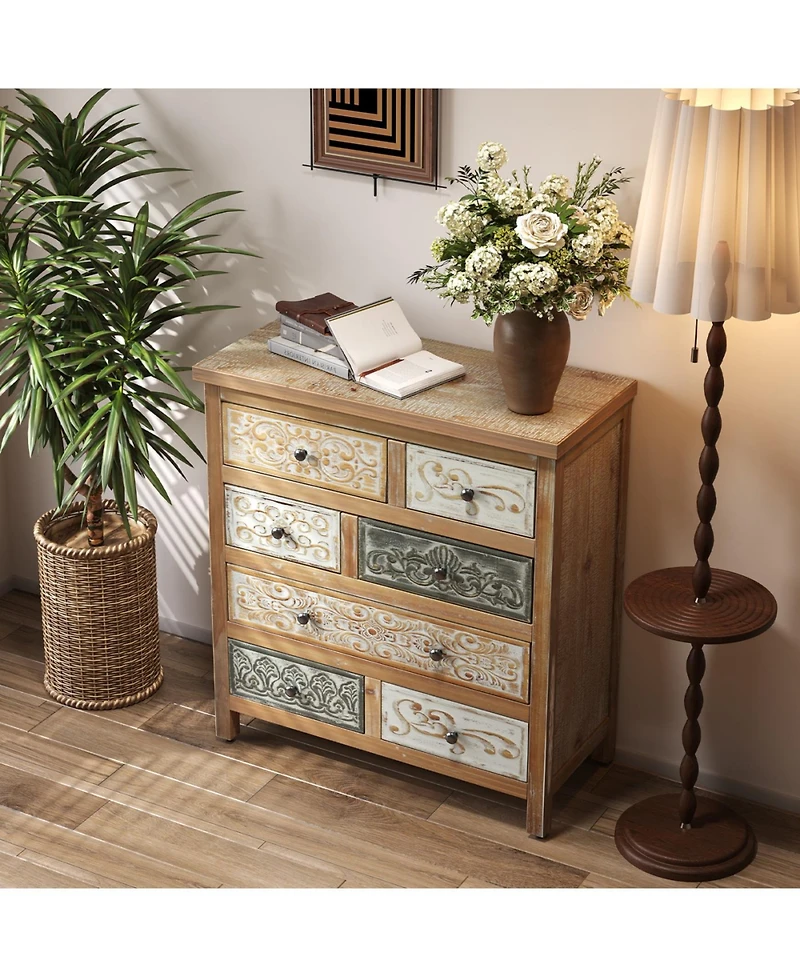 Streamdale Furniture Vintage Wooden 6-Drawer Accent Chest - Rustic Multicolor Carved Storage Dresser