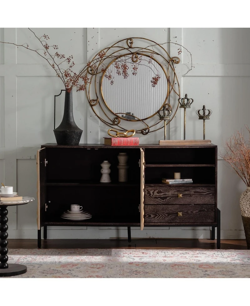 Streamdale Furniture Solid Wood Sideboard with Geometric Pattern, 2 Doors, 2 Drawers