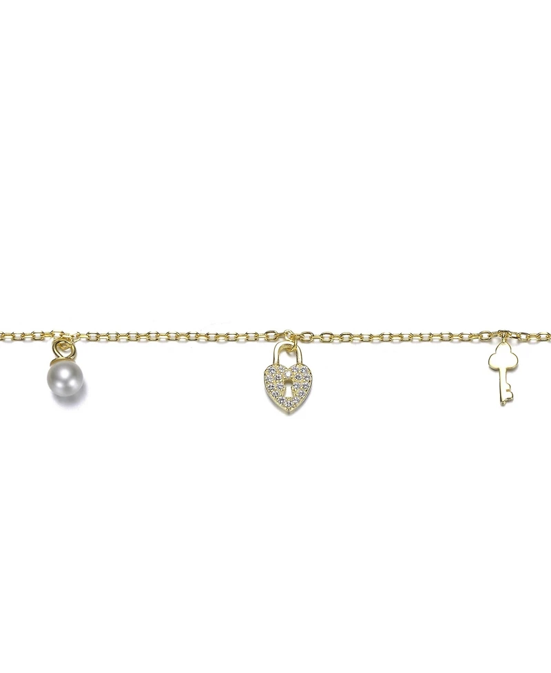 14K Gold Plated with Clear Cubic Zirconia & Mother of Pearl Multiple Charm Bracelet