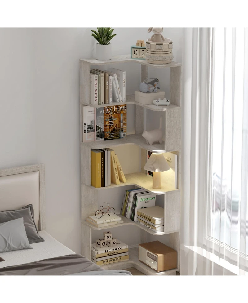 Streamdale 6 Tier L-Shaped Corner Bookshelf with Anti-Drop Panel & Tipping Device, Light Gray