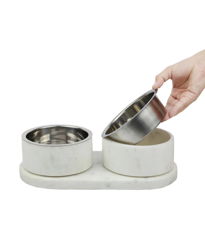 The Licker Store Marbre Small/Medium Modern Weighted Double Marble and Stainless Steel Bowl 12oz (1.5 Cups) Feeder with Non-Slip Tray Set