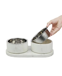The Licker Store Marbre Small/Medium Modern Weighted Double Marble and Stainless Steel Bowl 12oz (1.5 Cups) Feeder with Non-Slip Tray Set