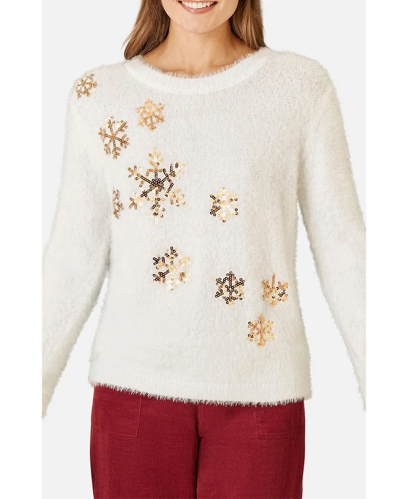 Yumi Women's Sequin Snowflake Fluffy Sweater
