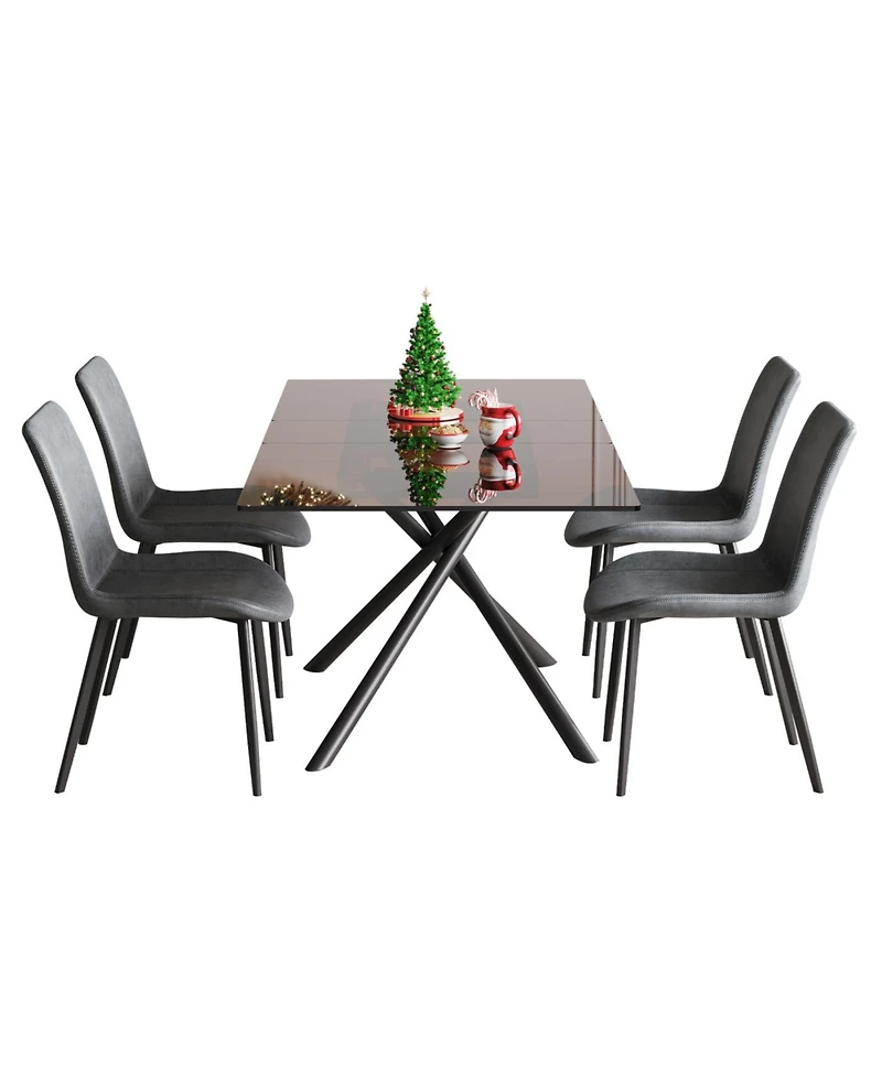Streamdale Furniture 59-inch Expandable Dining Table Set with 4 Gray Chairs, Black Glass Top & X-Base